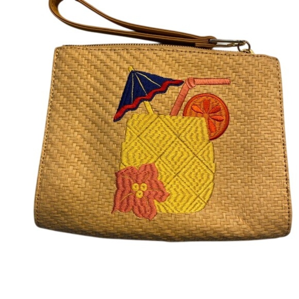 Woven Straw Clutch with Embroidered Tropical Cocktail Design, Wristlet